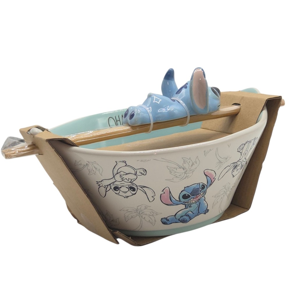 Rae Dunn Disney Stitch Figurine Ceramic Ramen Noodle Bowl with Chopstick & Rest‎